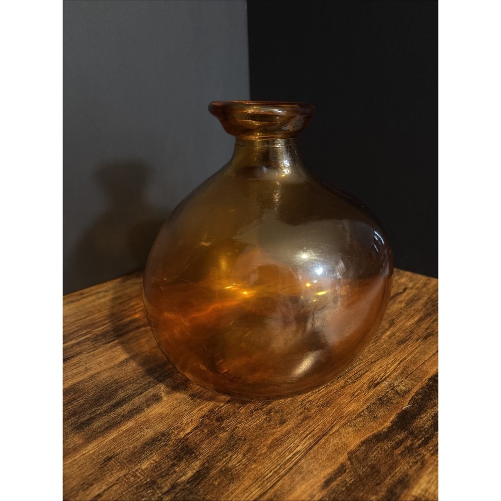 San Miguel Vidrios Glass Vase Orange Bulb Shaped Recycled 6.5"W X 7"H Distorted